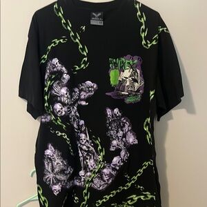 Black Graphic Tee with Green and Purple Design